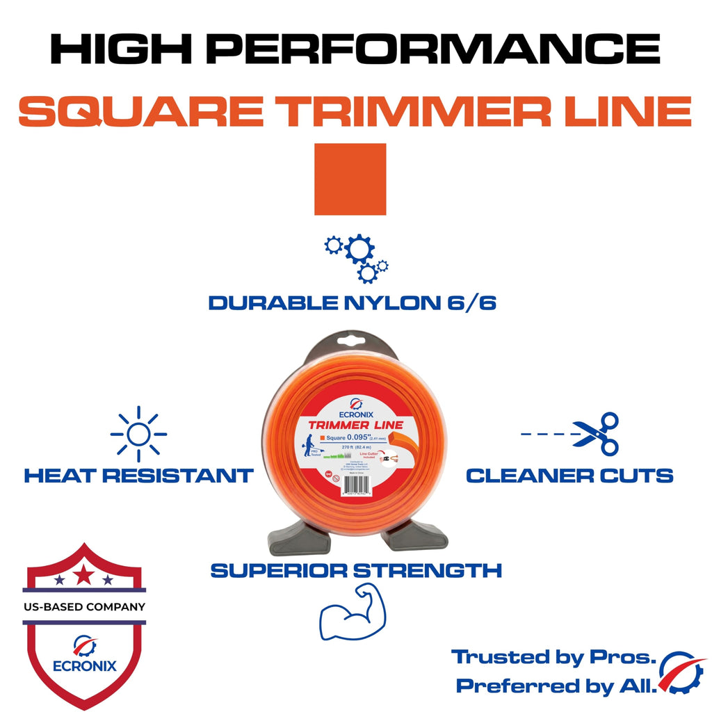 .155" Square Trimmer Line (97 ft / 1 lb) - Industrial Weed Wacker String & Weed Eater Line for Fixed-Head Trimmers ONLY - Heavy Brush Cutter Cord - Free Cutter Included