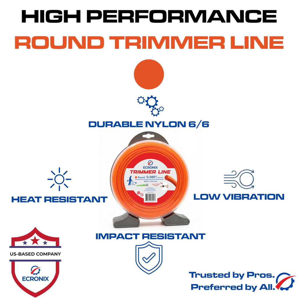 .080" Round Trimmer Line (409 ft / 1 lb Donut Spool) - All-Purpose Weed Wacker String & Weed Eater Line for Gas & Battery Trimmers - Smooth Feed Replacement Cord - Free Cutter Included