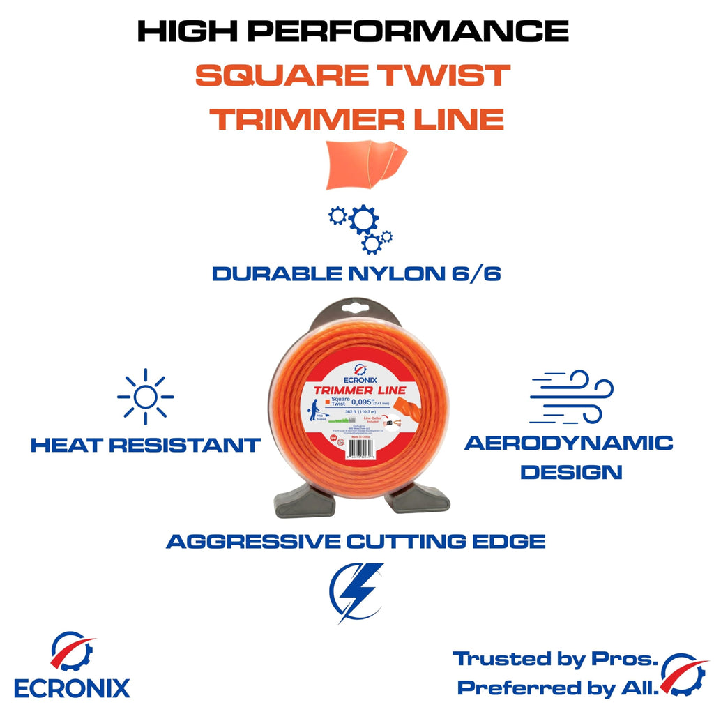 .095" Square Twist Trimmer Line (362 ft / 1 lb Donut Spool) - Heavy Duty & Low Noise Weed Wacker String & Weed Eater Line - Aerodynamic Cord for Gas & Battery Trimmers - Free Cutter