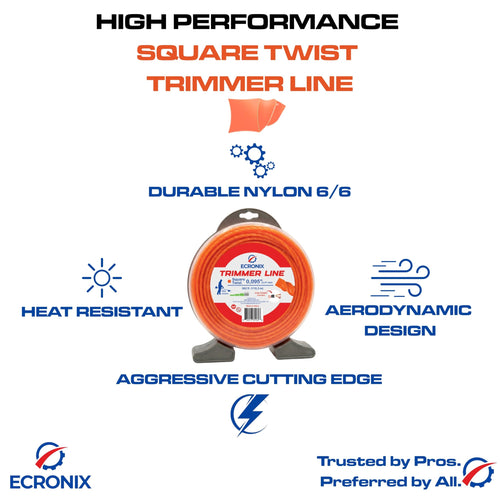 ECRONIX .080" Square Twist Trimmer Line - 1 lb Donut Spool (521 ft) - Professional Low-Noise String for Battery, Gas & Electric Trimmers - High-Visibility Orange - Includes Free Line Cutter