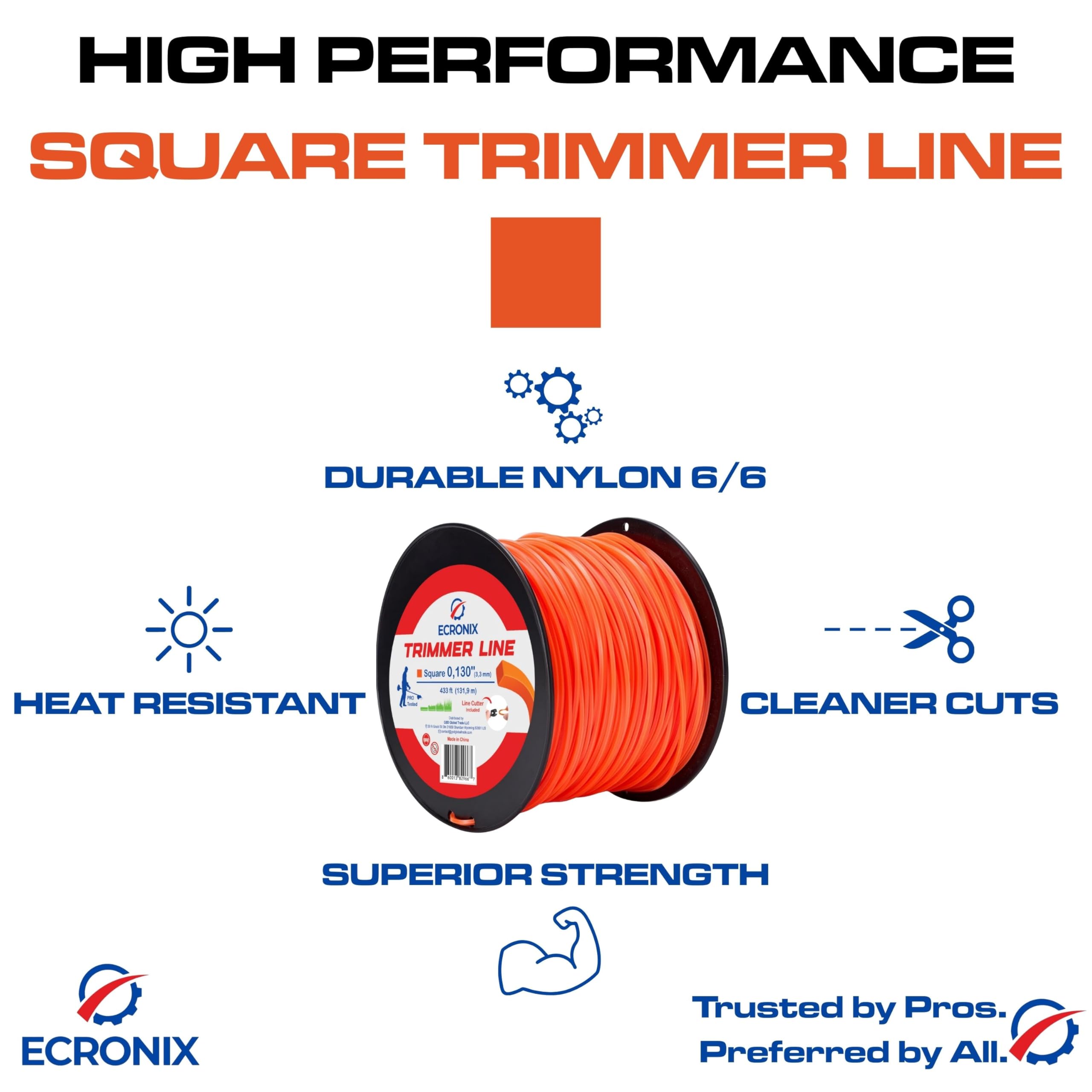 ECRONIX .095" Square Trimmer Line - 5 lb Jumbo Spool (1364 ft) - Professional Commercial Grade String for Gas & Battery Trimmers - High-Visibility Orange - Includes Free Line Cutter