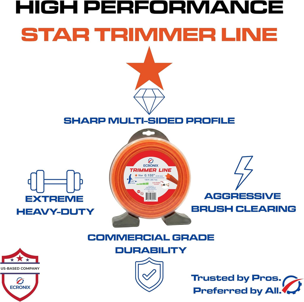 .155" Star Trimmer Line (130 ft / 1 lb Donut Spool) - Industrial Weed Wacker String & Weed Eater Line for Fixed-Head Trimmers ONLY - Heavy Duty 5-Point Brush Cutter Cord - Free Cutter