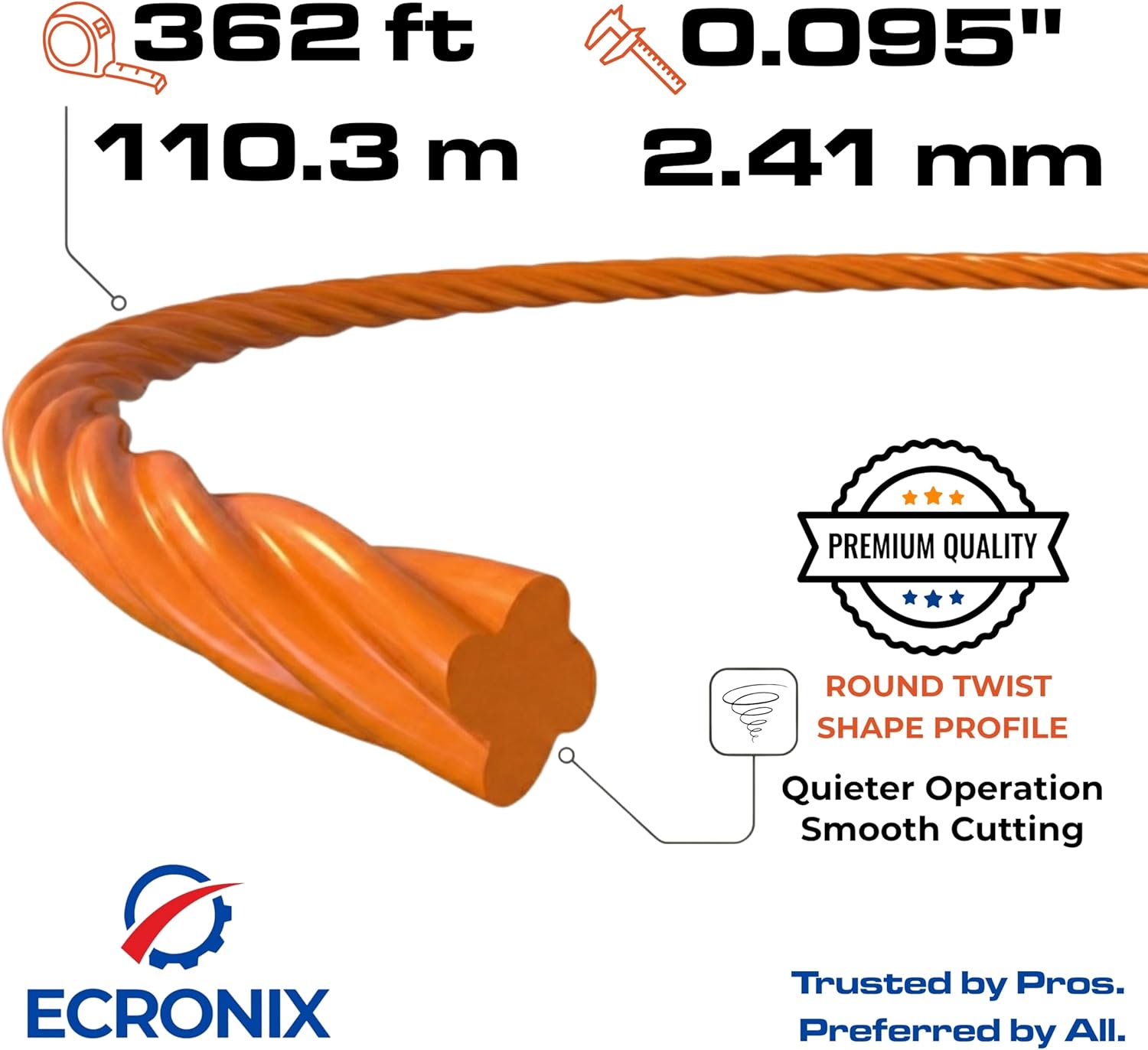 .095" Round Twist Trimmer Line (362 ft / 1 lb Donut Spool) - Heavy Duty Weed Wacker String & Weed Eater Line for Gas, Electric & Battery Trimmers - Quiet, Aerodynamic - Free Cutter Included