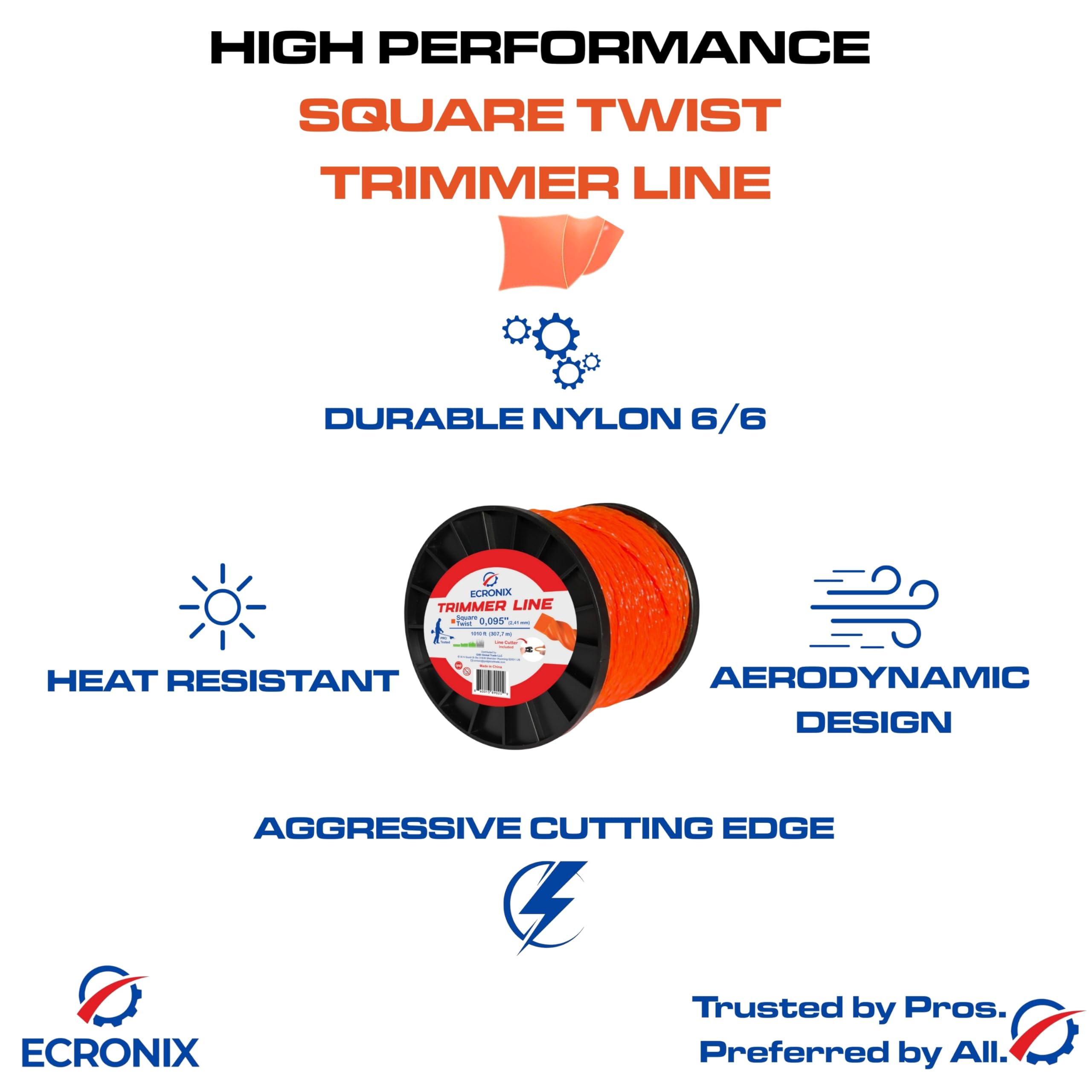 .095" Square Twist Trimmer Line (362 ft / 1 lb Donut Spool) - Heavy Duty & Low Noise Weed Wacker String & Weed Eater Line - Aerodynamic Cord for Gas & Battery Trimmers - Free Cutter