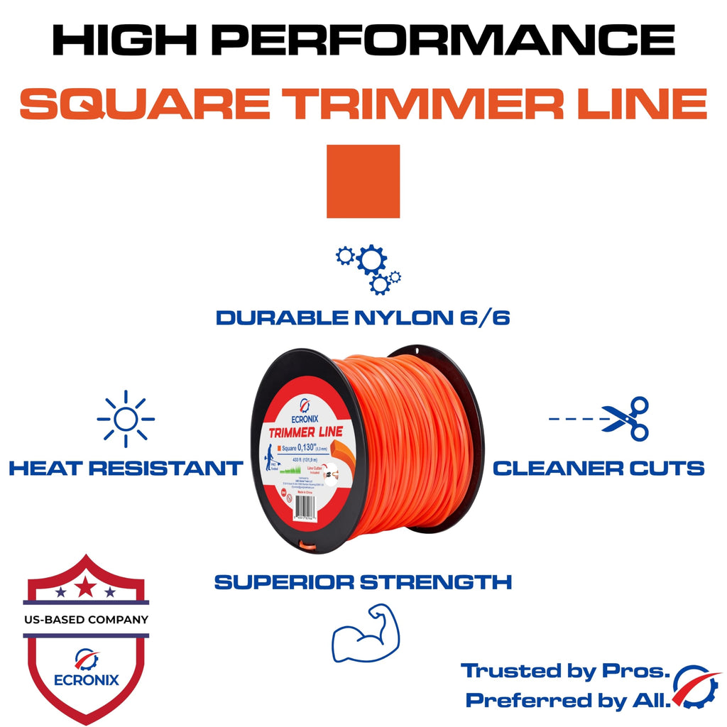 .155" Square Trimmer Line (97 ft / 1 lb) - Industrial Weed Wacker String & Weed Eater Line for Fixed-Head Trimmers ONLY - Heavy Brush Cutter Cord - Free Cutter Included