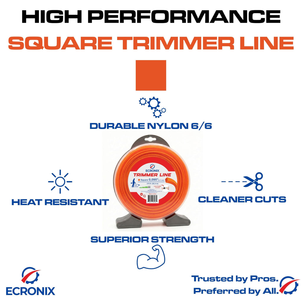 ECRONIX .080" Square Trimmer Line - 1 lb Donut Spool (389 ft) - Professional All-Purpose String for Battery, Gas & Electric Trimmers - High-Visibility Orange - Includes Free Line Cutter