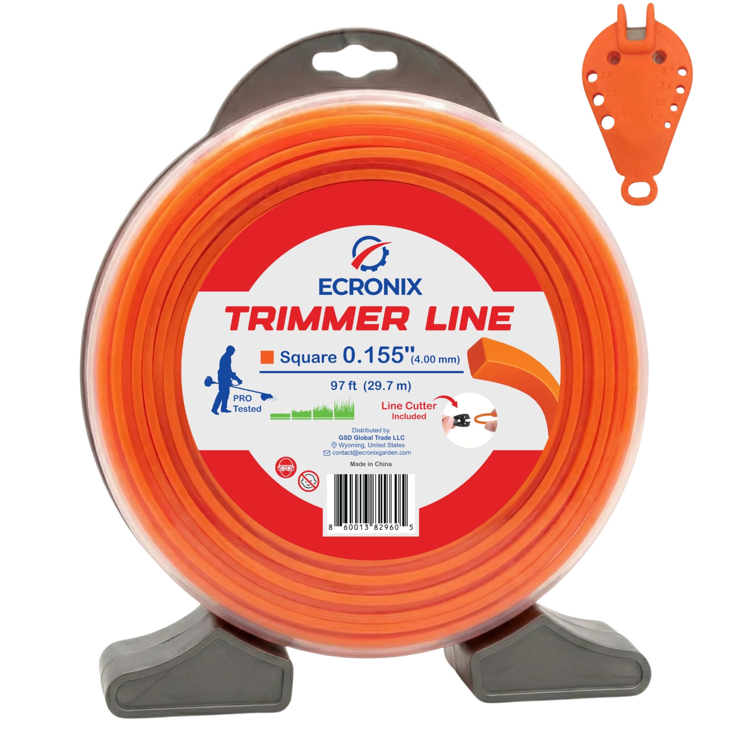 .155" Square Trimmer Line (97 ft / 1 lb) - Industrial Weed Wacker String & Weed Eater Line for Fixed-Head Trimmers ONLY - Heavy Brush Cutter Cord - Free Cutter Included