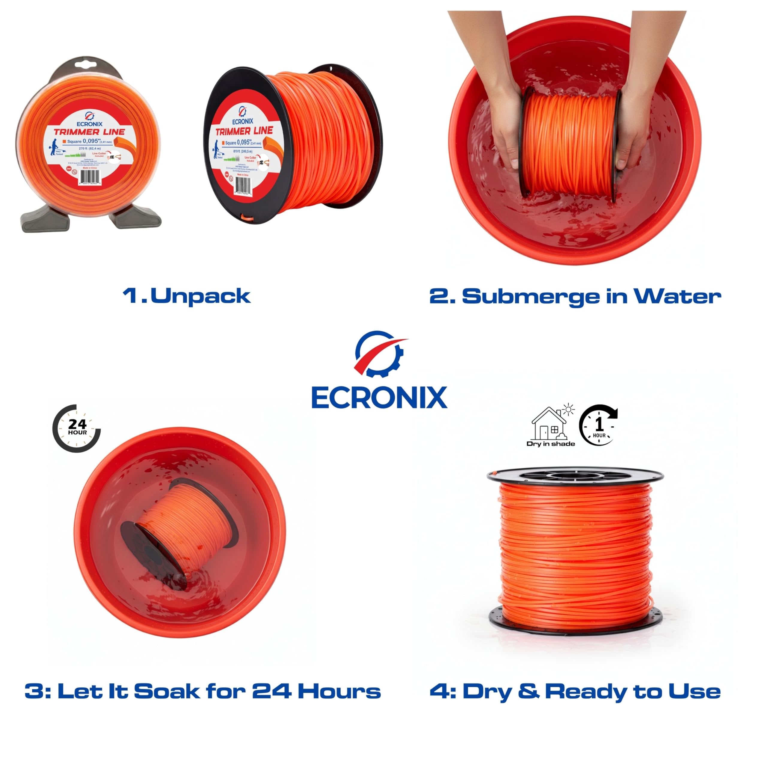 ECRONIX .095" Square Trimmer Line - 5 lb Jumbo Spool (1364 ft) - Professional Commercial Grade String for Gas & Battery Trimmers - High-Visibility Orange - Includes Free Line Cutter