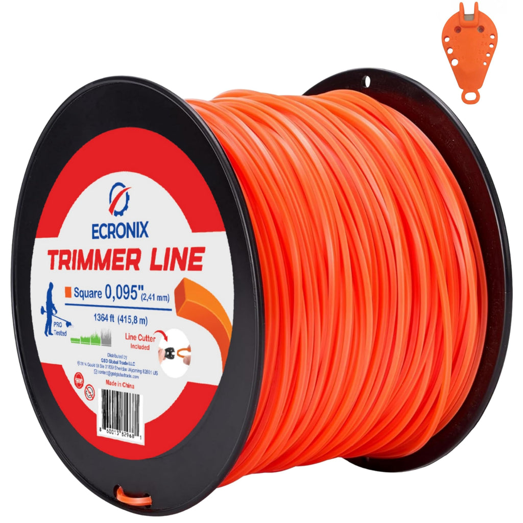ECRONIX .095" Square Trimmer Line - 5 lb Jumbo Spool (1364 ft) - Professional Commercial Grade String for Gas & Battery Trimmers - High-Visibility Orange - Includes Free Line Cutter