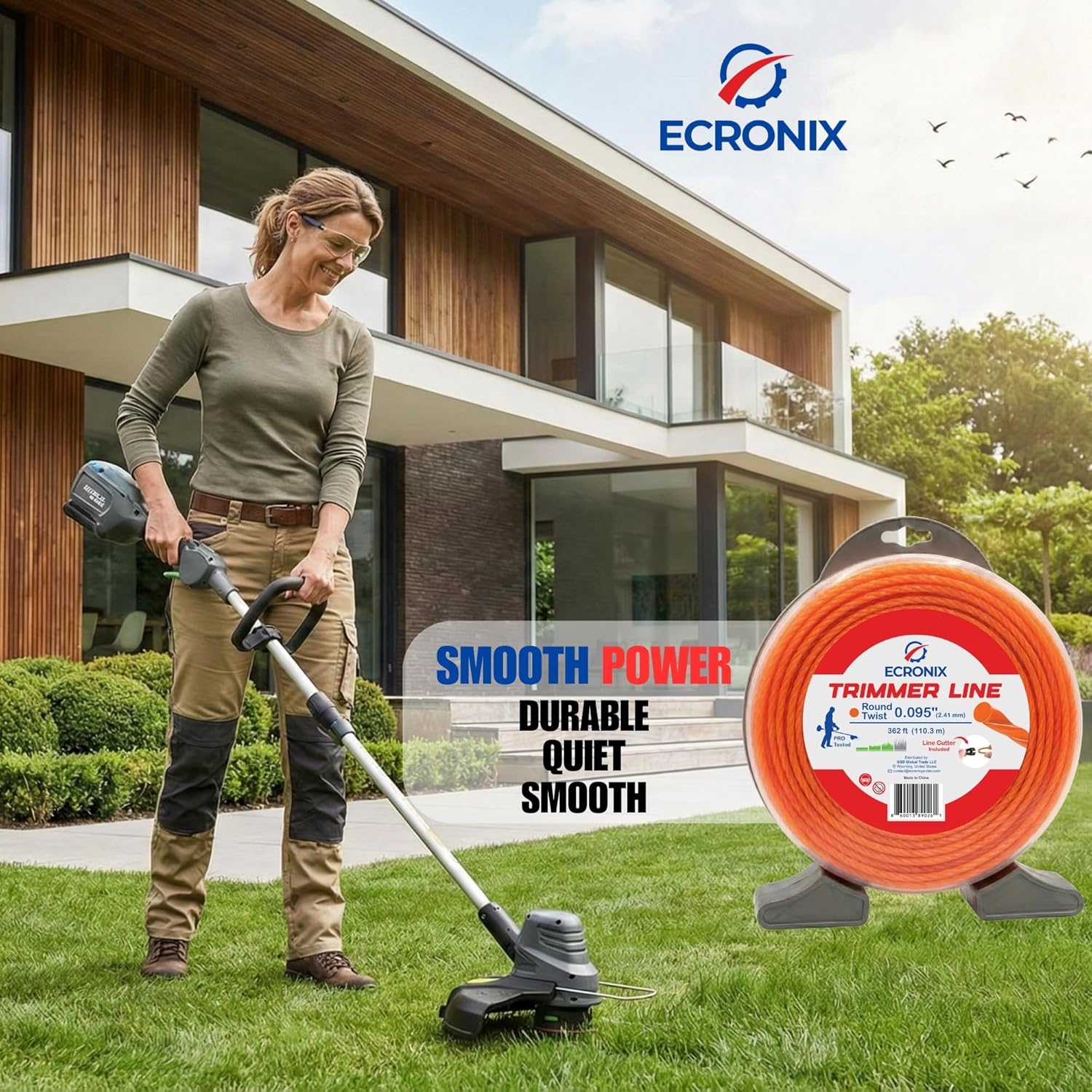 .095" Round Twist Trimmer Line (362 ft / 1 lb Donut Spool) - Heavy Duty Weed Wacker String & Weed Eater Line for Gas, Electric & Battery Trimmers - Quiet, Aerodynamic - Free Cutter Included