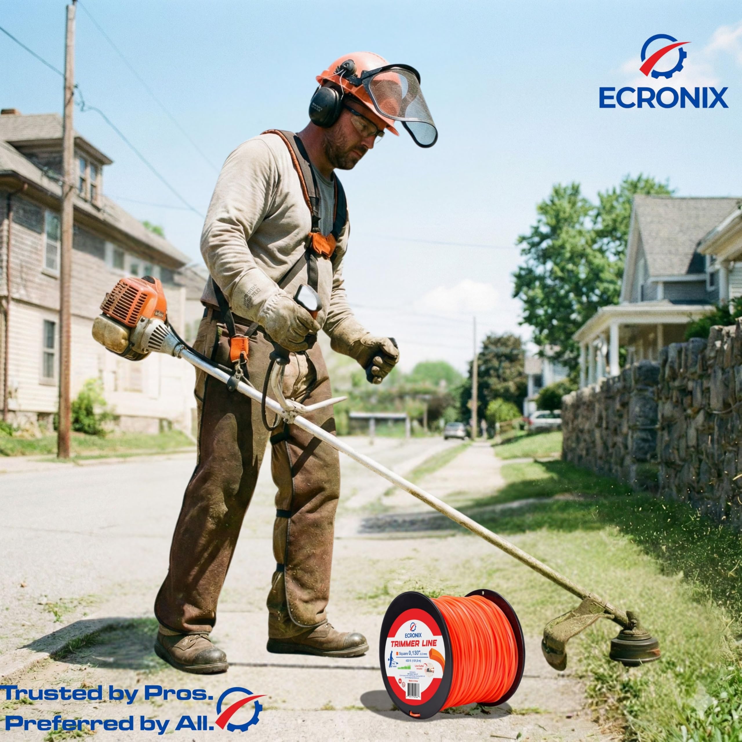 ECRONIX .095" Square Trimmer Line - 5 lb Jumbo Spool (1364 ft) - Professional Commercial Grade String for Gas & Battery Trimmers - High-Visibility Orange - Includes Free Line Cutter