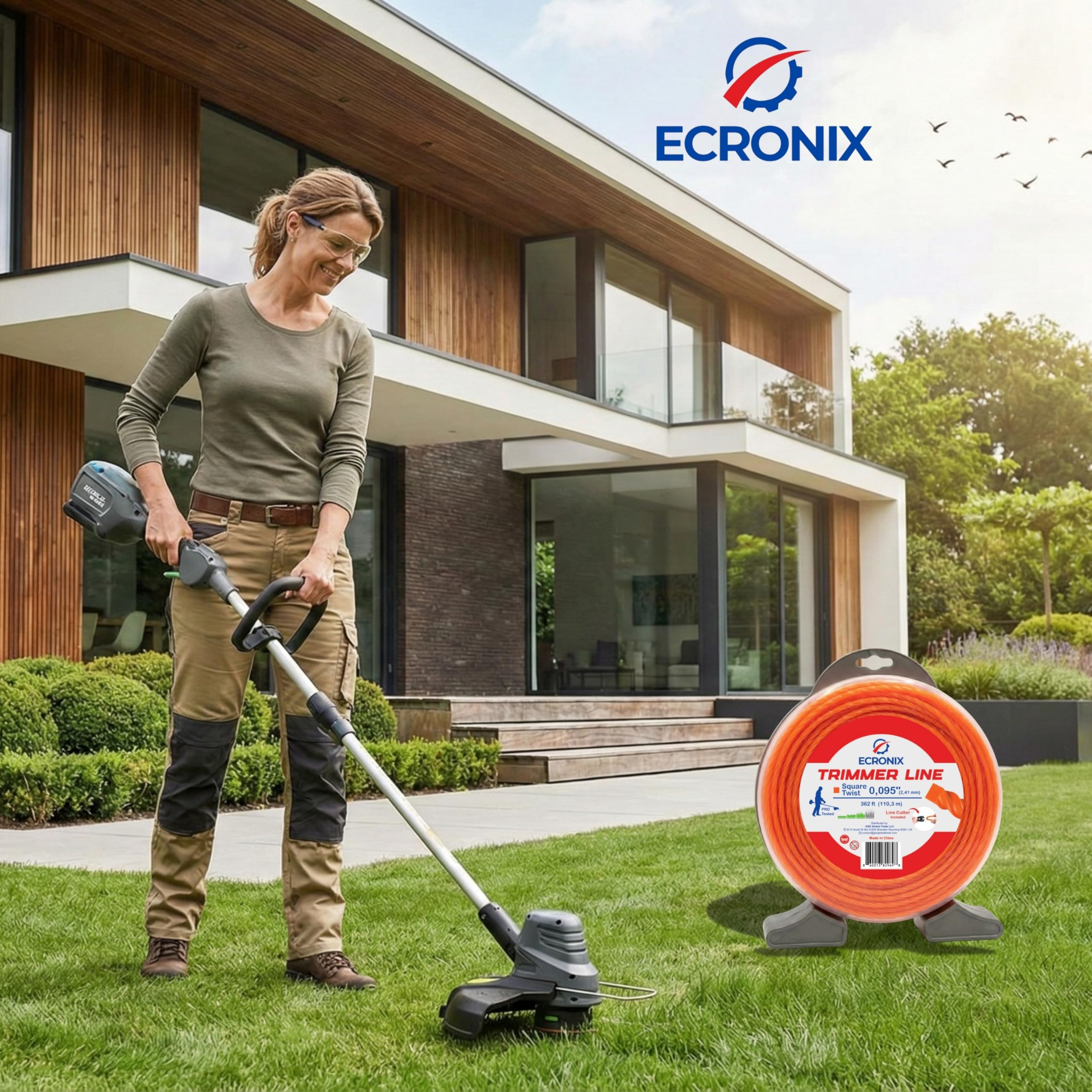 .095" Square Twist Trimmer Line (362 ft / 1 lb Donut Spool) - Heavy Duty & Low Noise Weed Wacker String & Weed Eater Line - Aerodynamic Cord for Gas & Battery Trimmers - Free Cutter
