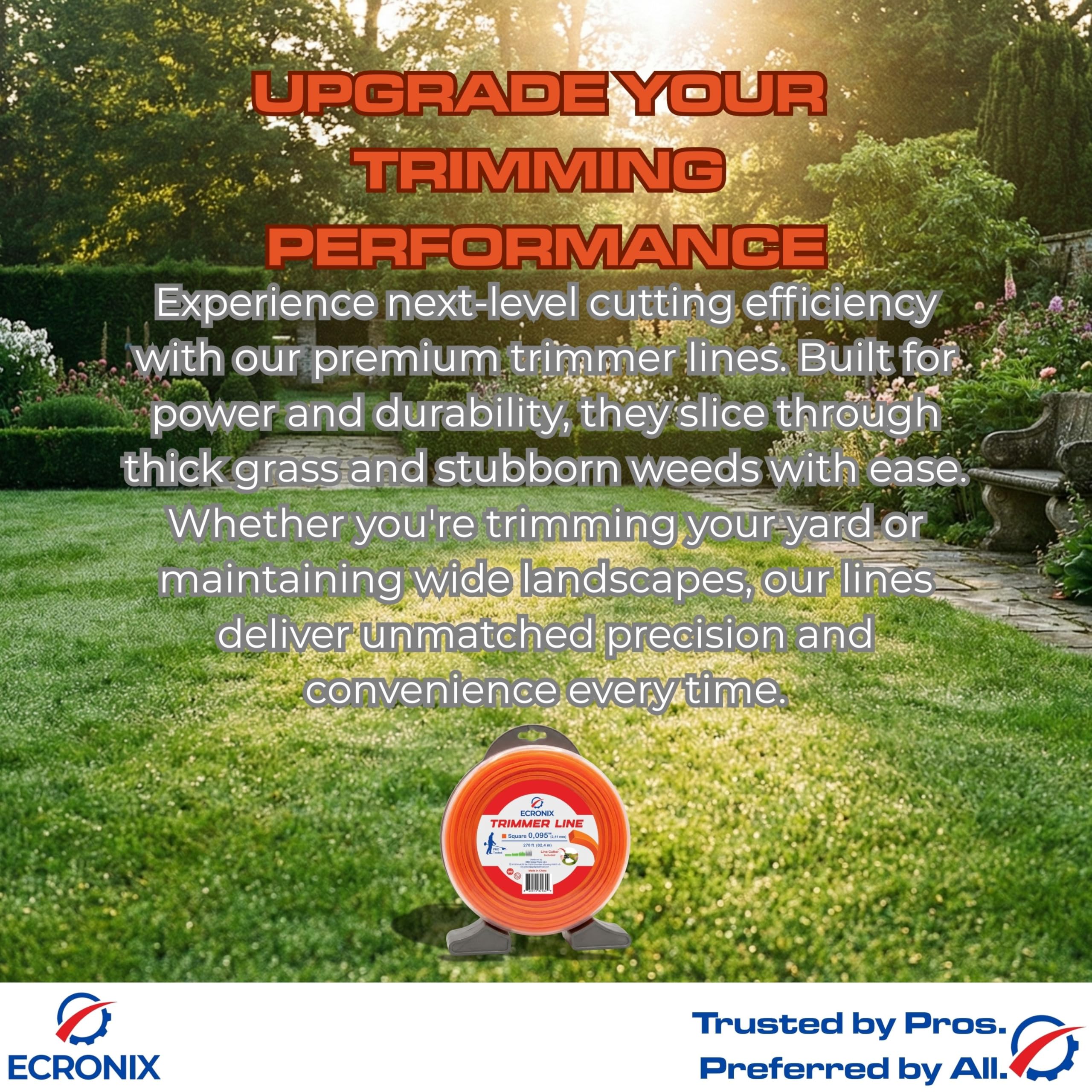 ECRONIX .080" Square Trimmer Line - 1 lb Donut Spool (389 ft) - Professional All-Purpose String for Battery, Gas & Electric Trimmers - High-Visibility Orange - Includes Free Line Cutter