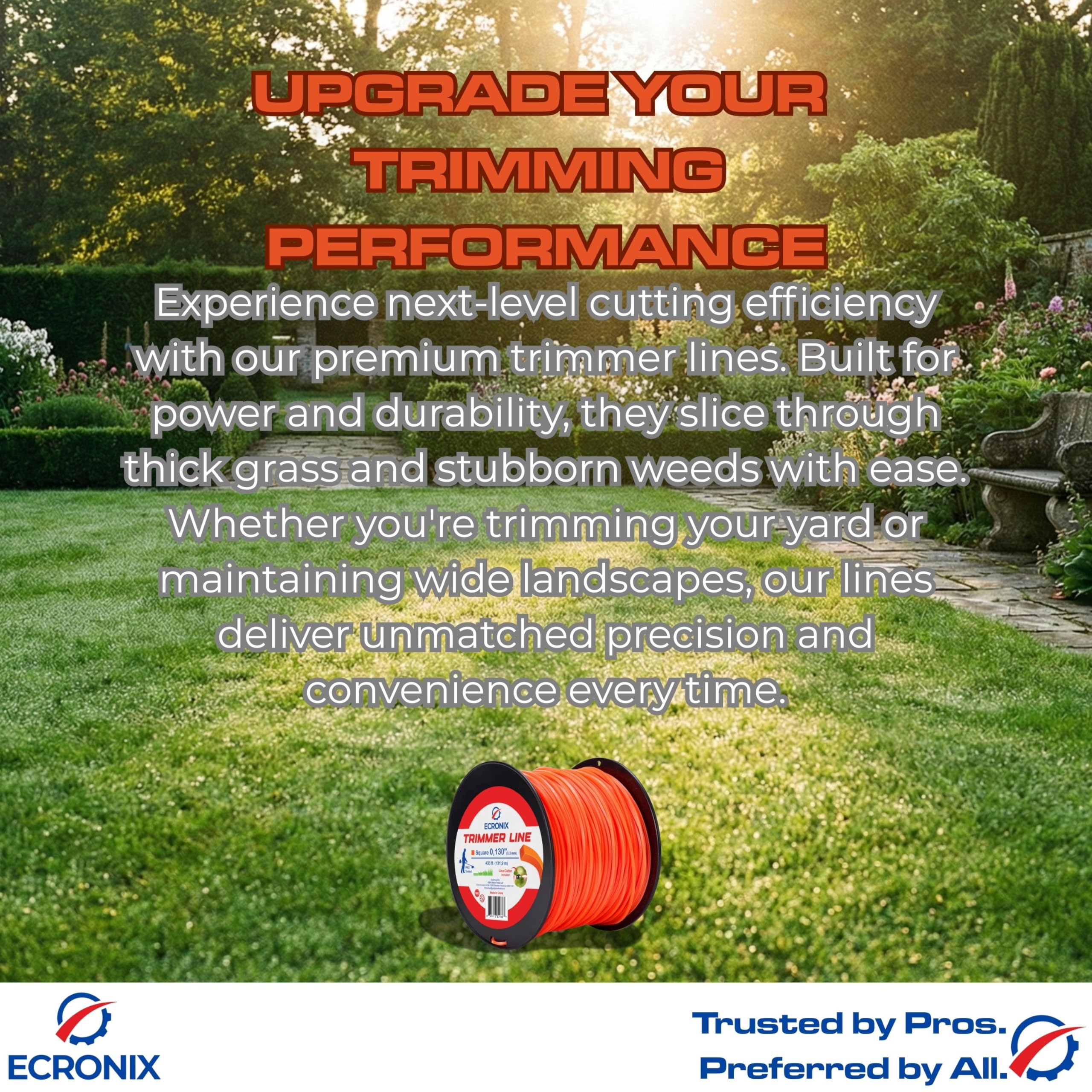 ECRONIX .095" Square Trimmer Line - 5 lb Jumbo Spool (1364 ft) - Professional Commercial Grade String for Gas & Battery Trimmers - High-Visibility Orange - Includes Free Line Cutter